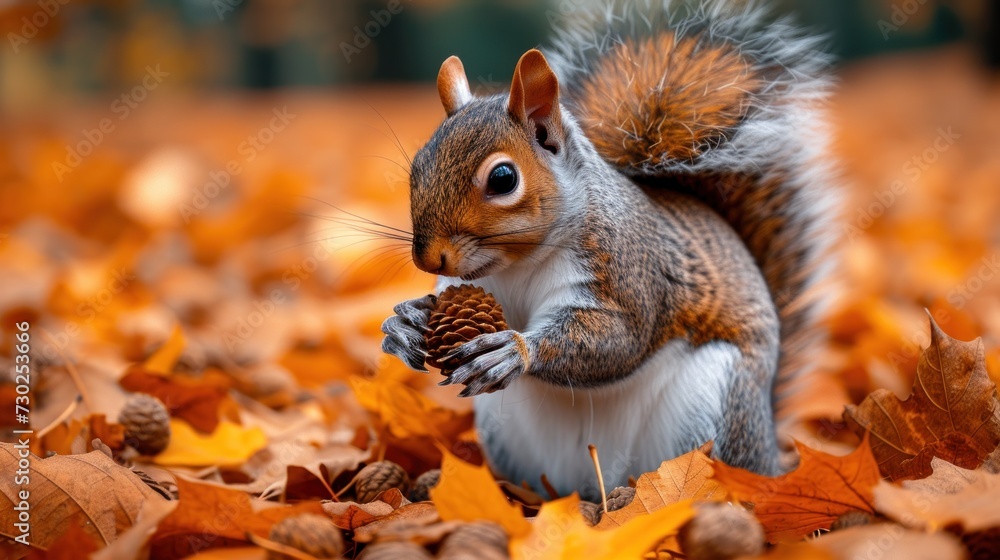a close up of a squirrel eating a pine cone in the middle of a pile of leaves with a blurry background. a close up of a squirrel eating a pine cone in the middle of a pile of leaves with a blurry background.