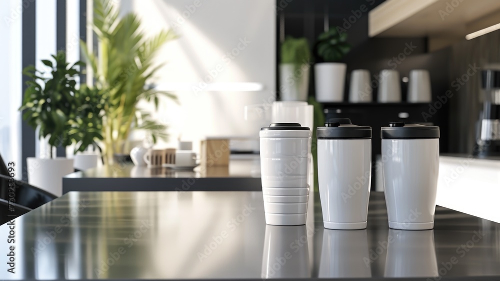 Coffee cup on a bright office desk with contemporary workspace background. Coffee cup on a bright office desk with contemporary workspace background.