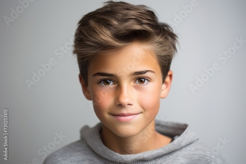 Portrait of a cute little boy in grey sweater  studio shot
