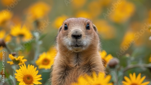 a close up of a groundhog in a field of sunflowers with a surprised look on its face.