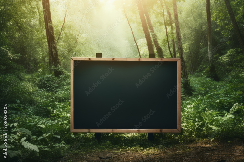 Empty poster frame against a lush forest backdrop