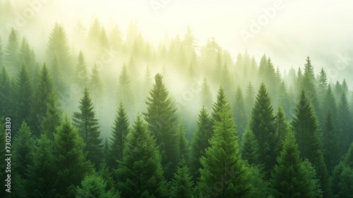 An aerial perspective of a mist-covered pine forest  with sunbeams breaking through at midday  casting dynamic shadows.