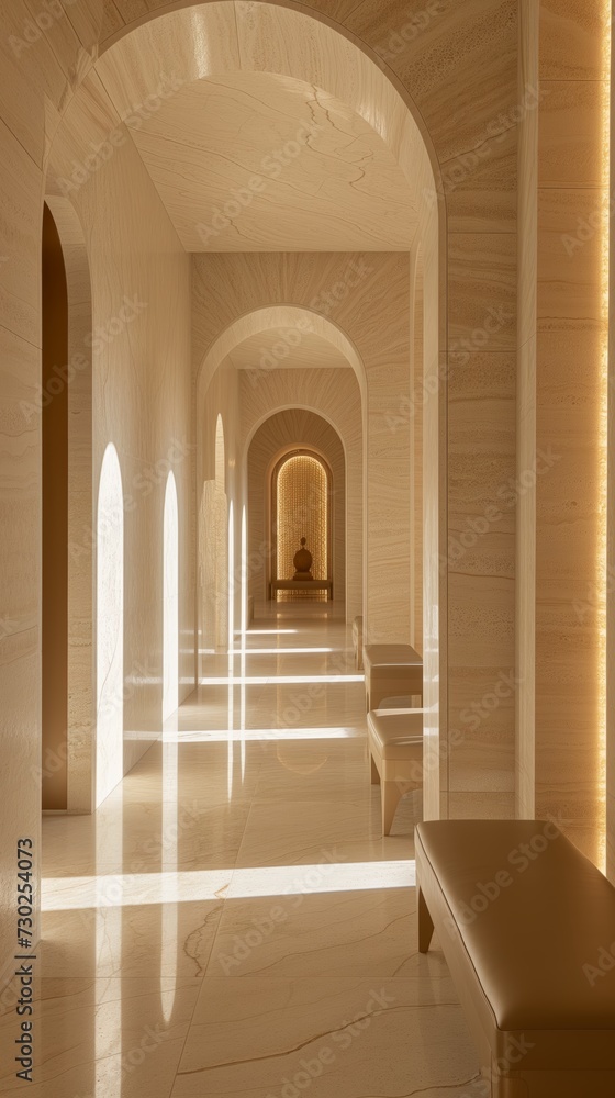 Serene Corridor with Luminous Archways