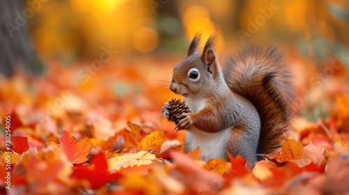 a squirrel is eating a pine cone in a field full of autumn leaves with a blurry background of yellow, orange, and red leaves. photo