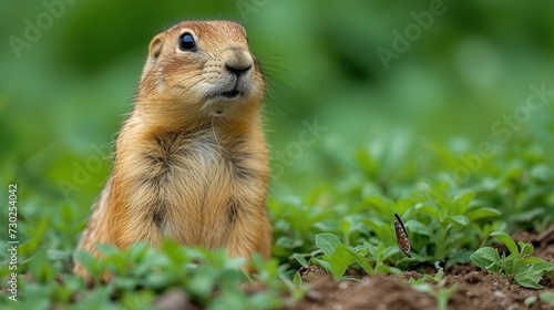 a close up of a small rodent in a field of grass and dirt looking up into the camera lens. © Jevjenijs