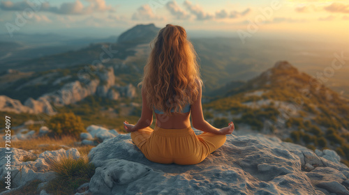 A girl with long hair and beautiful body does yoga outdoors in the mountains with a lake in the background