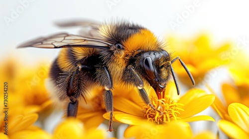 a close up of a bee on a flower with yellow flowers in the foreground and a white wall in the background.