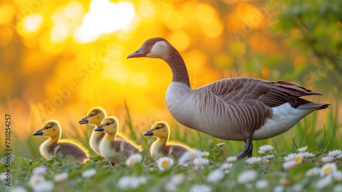 a group of ducks standing next to a group of ducklings in a field of grass with daisies in the foreground. photo