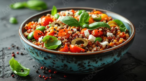 a close up of a bowl of food with carrots, spinach, and other vegetables on a table. photo