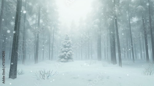 A snowy winter day in a pine forest shrouded in fog  snowflakes gently falling  the forest floor blanketed in white.