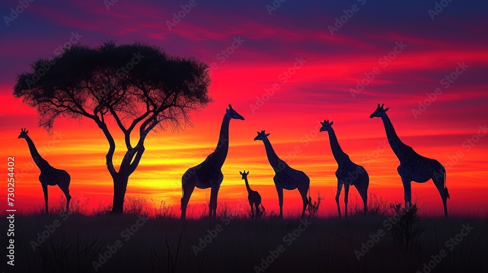 a group of giraffes standing in front of a tree with the sun setting in the sky behind them. a group of giraffes standing in front of a tree with the sun setting in the sky behind them.
