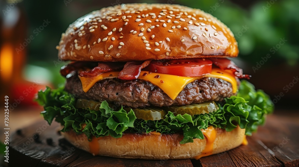 a cheeseburger with bacon, lettuce, tomato, and pickles on a sesame seed bun. a cheeseburger with bacon, lettuce, tomato, and pickles on a sesame seed bun.