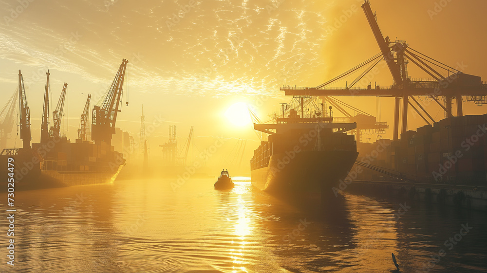 A bustling port at dawn, golden sunlight breaking through clouds onto a massive cargo ship, surrounded by towering cranes.