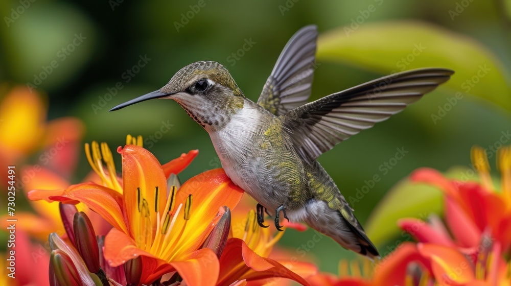 a hummingbird perches on a flower with its wings wide open and it's head turned to the side. a hummingbird perches on a flower with its wings wide open and it's head turned to the side.