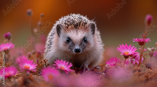 a hedgehog in a field of pink flowers with one eye on the camera and one in the foreground.