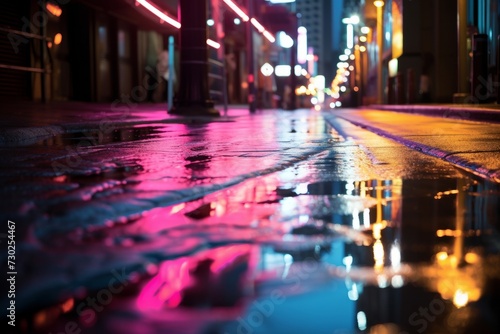 Neon lights reflecting on a wet pavement