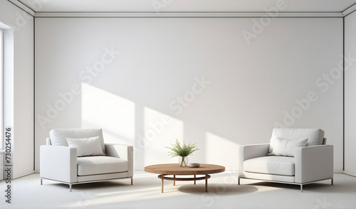 Minimalistic modern interior design with two sofa chairs and clear white wall with a vase table