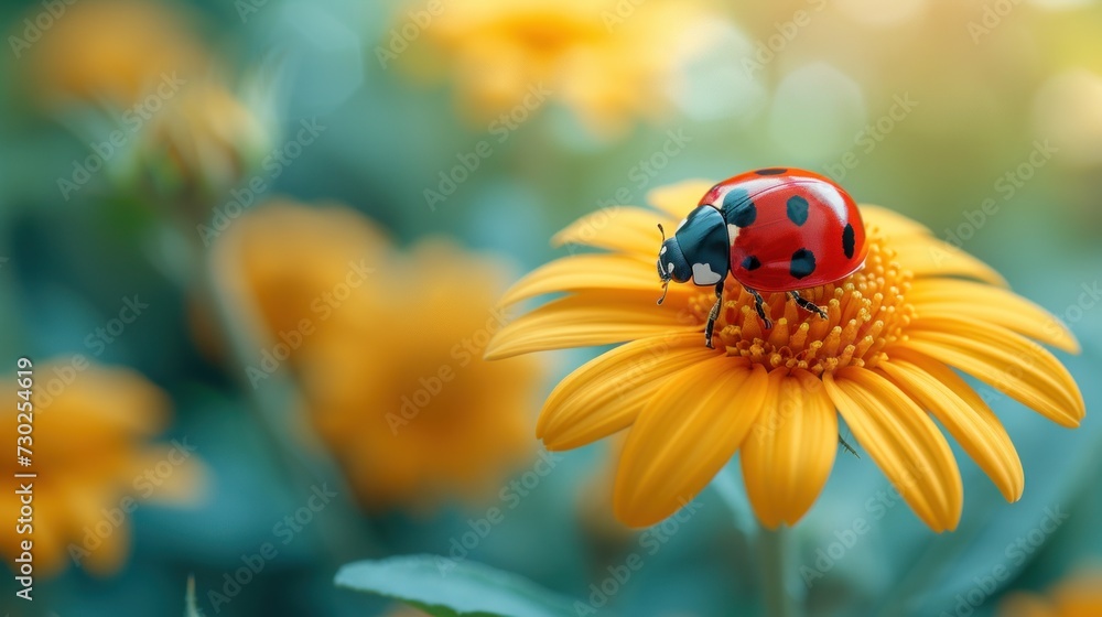 a ladybug sitting on top of a yellow flower in a field of yellow flowers with a blurry background. a ladybug sitting on top of a yellow flower in a field of yellow flowers with a blurry background.