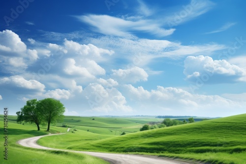 Rolling countryside sky background with a winding country road