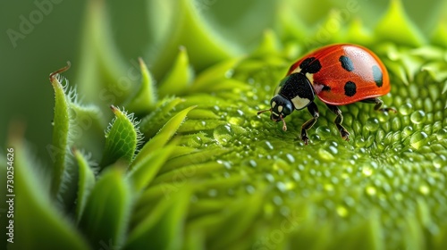 a ladybug sitting on top of a green plant with drops of water on it's back legs. photo