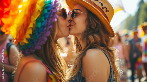 Two girls in love kissing with rainbow wreaths on their heads