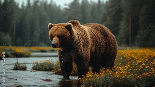 a large brown bear standing on top of a river next to a forest filled with lots of yellow wildflowers. © Jevjenijs