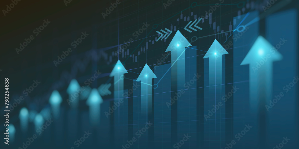 Financial graph with uptrend line and arrows in stock market on blue color background
