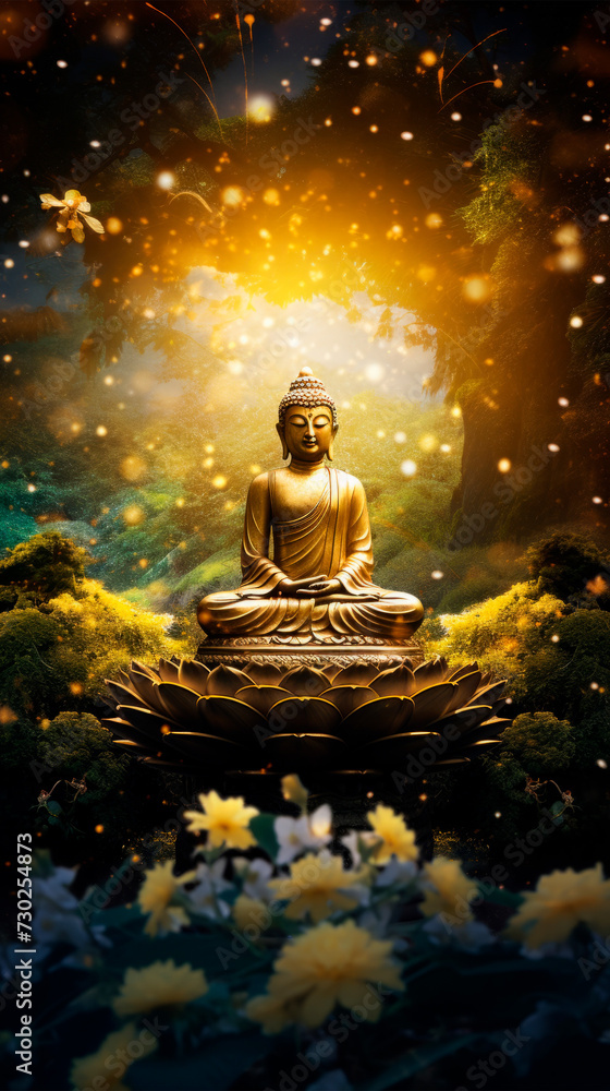 Statue of Buddha seated in lotus posture, against of lush jungle foliage, magical illumination. spiritual awakening, inner peace, concept of enlightenment. Meditation, spiritual practices. Buddhism