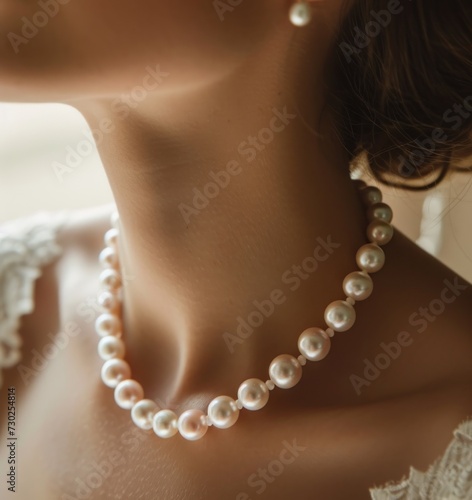 Pearl beads elegance on a woman’s neck close up. Quiet luxury style of necklace.