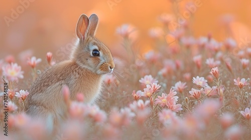 a rabbit is sitting in the middle of a field of flowers with a blurry background of pink and white flowers. photo