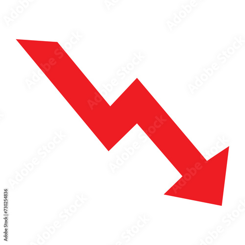 Red down arrow isolated on white background. Falling growth in business. Drop arrow business market crisis background design template. Economy financial crash concept. Stock, forex, crypto in eps 10.