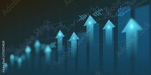 Financial graph with uptrend line and arrows in stock market on blue color background