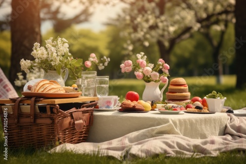 Spring picnic setup mockup with a woven basket, sandwiches, and fresh fruits
