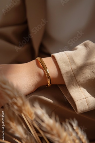 Thick gold bracelet on a woman's hand in a beige linen jacket. Quiet luxury concept. 
