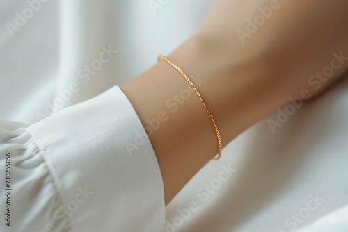 Thin gold bracelet on a woman's hand in a white blouse. Quiet luxury concept.