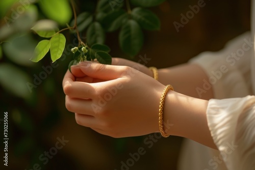 Wallpaper Mural Gold bracelet on a woman's hand in a beige linen dress. Quiet luxury concept.  Torontodigital.ca
