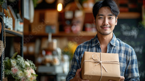 Cheerful man in a plaid shirt presenting a wrapped package in a rustic shop. photo