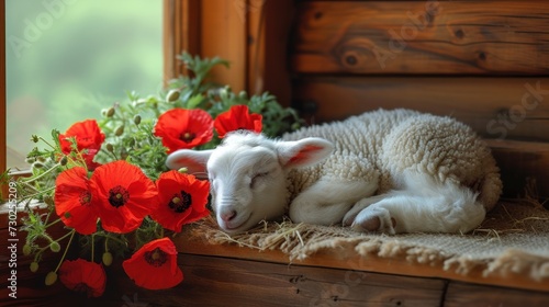 a close up of a sheep laying on a window sill next to a plant with red flowers in front of it.