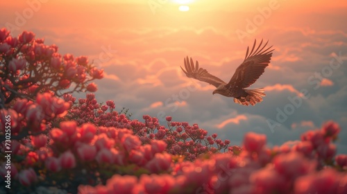 a bird flying over a field of flowers with the sun setting in the background and clouds in the foreground. photo