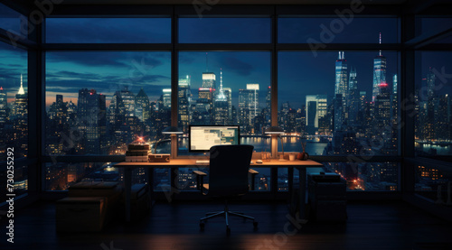 Empty office contemporary interior office with city skyline and buildings city from glass window