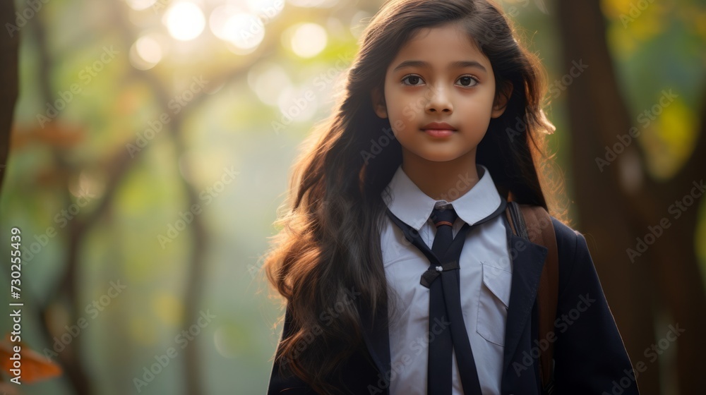 Portrait of happy indian girl with school bag standing outdoor. Neural network AI generated art Portrait of happy indian girl with school bag standing outdoor. Neural network AI generated art