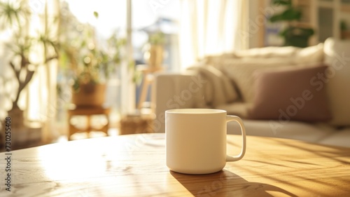 cute steaming mug on a sunlit table, cozy living room background