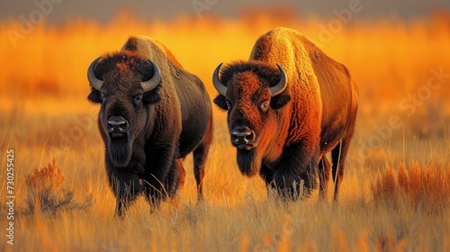 a couple of bison standing next to each other in a field of tall grass with a yellow sky in the background.