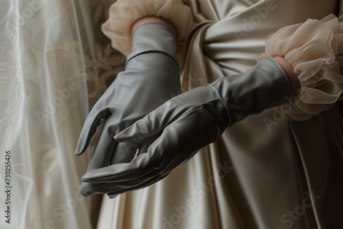 Gray women's gloves with beige silk dress on woman, quiet luxury style