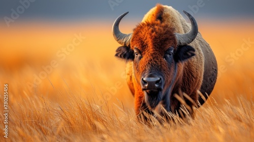 a close up of a bison in a field of tall grass with it's head turned to the side. photo