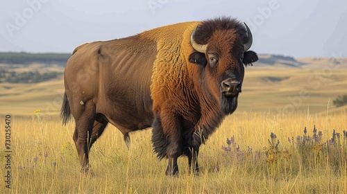 a large buffalo standing in a field of tall grass and wildflowers on a sunny day with a blue sky in the background.