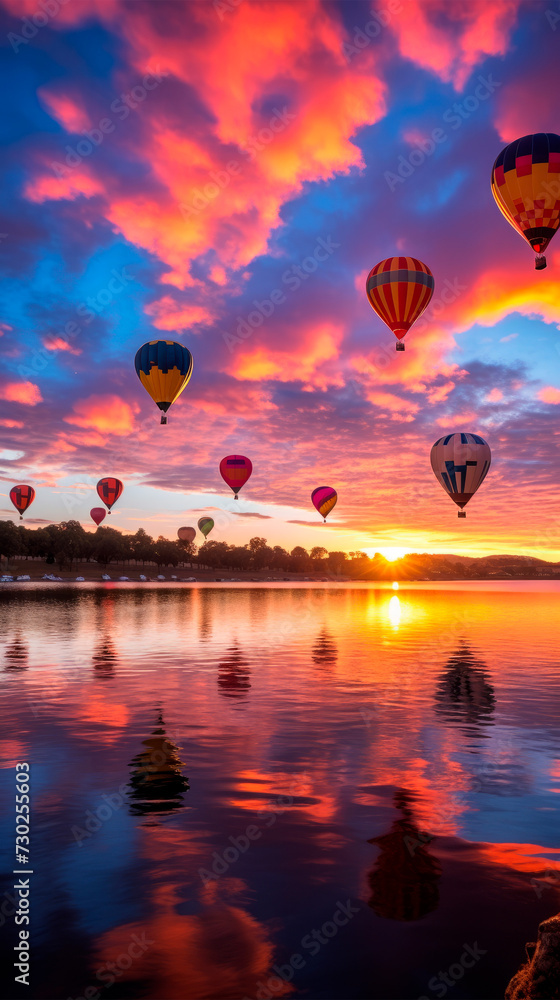 Naklejka premium A romantic balloon ride gracefully floating over a body of water, against the backdrop of the sun sinking below the horizon with a beautiful shimmering sky. Serene background