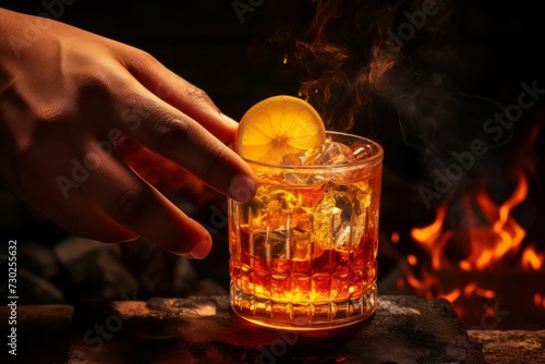 A close up of a hand adding a touch of ginger to a glass of rum punch, infusing a warm and spicy undertone