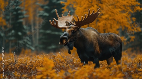 a large moose with large antlers standing in a field of tall grass with trees in the background and yellow leaves in the foreground. © Jevjenijs