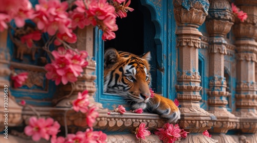 a close up of a tiger on a window sill with flowers in the foreground and a building in the background.